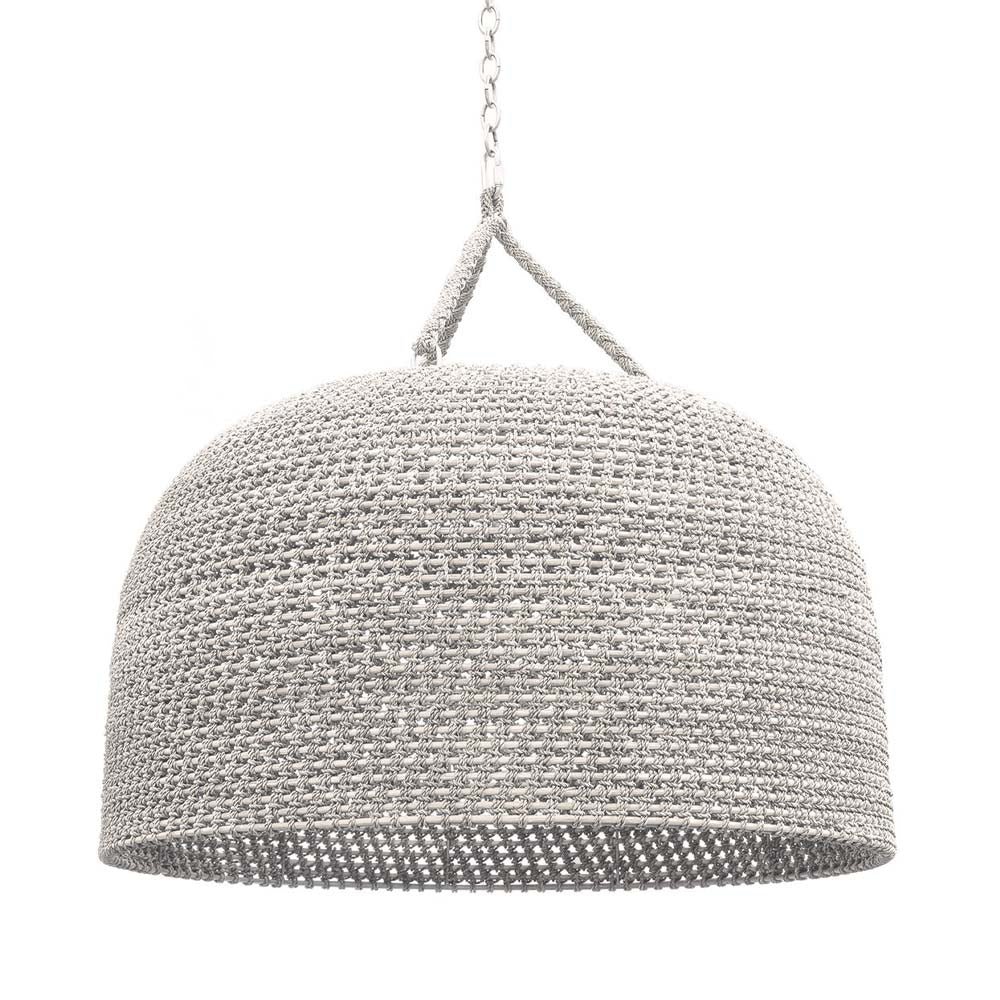 Palecek Green Oaks Oversized Pendant with a core rattan frame accented with whitewash  rope details and nickel finished chain on a white background 