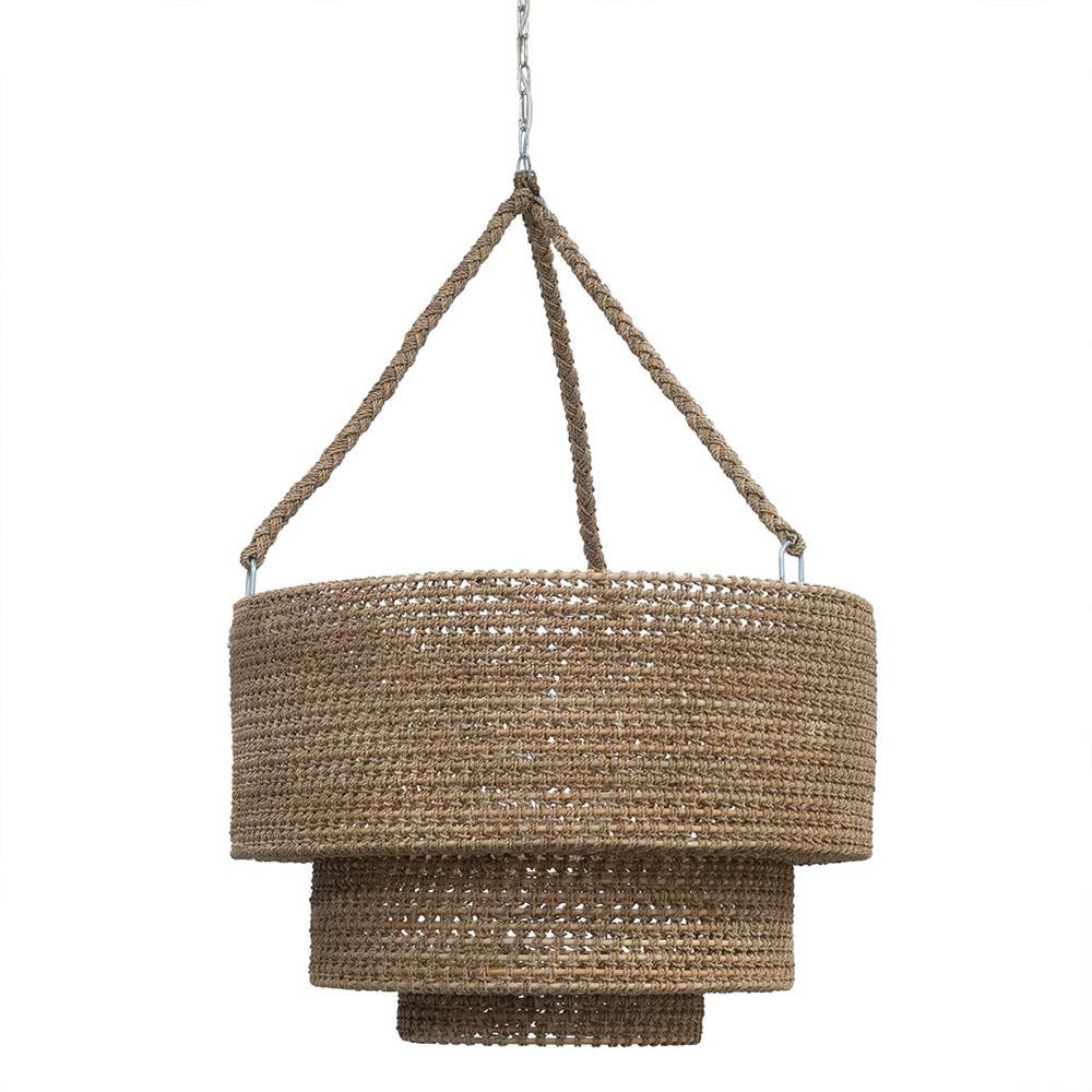 Rattan and natural lampakanai rope Palecek Veranda Woven Pendant on a white background
