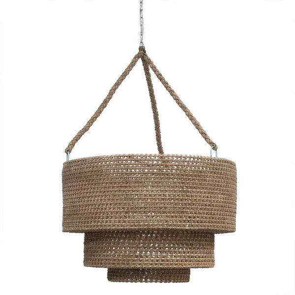 Rattan and natural lampakanai rope Palecek Veranda Woven Pendant  on a white background 