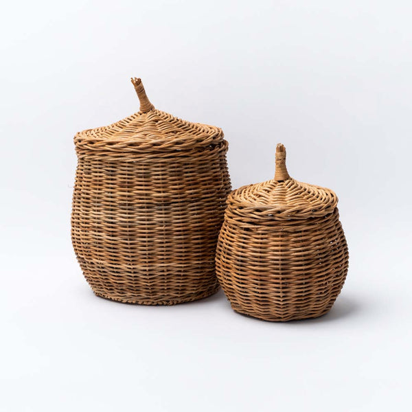 Set of two Natural wicker basket with lid on a white background