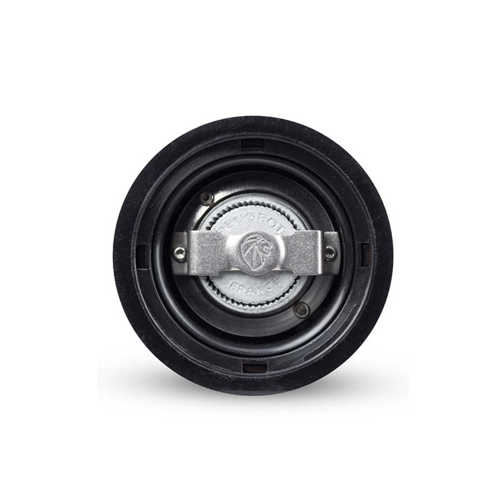 Close up of bottom of Peugeot Paris brand U-select graphite 30cm pepper mill on white background