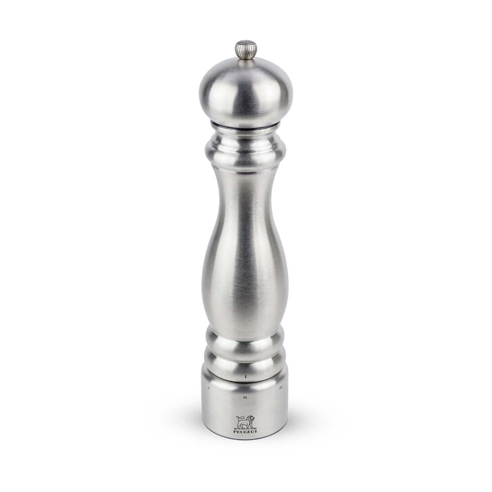 Peugeot brand 12" Stainless steel finish pepper mill on a white background