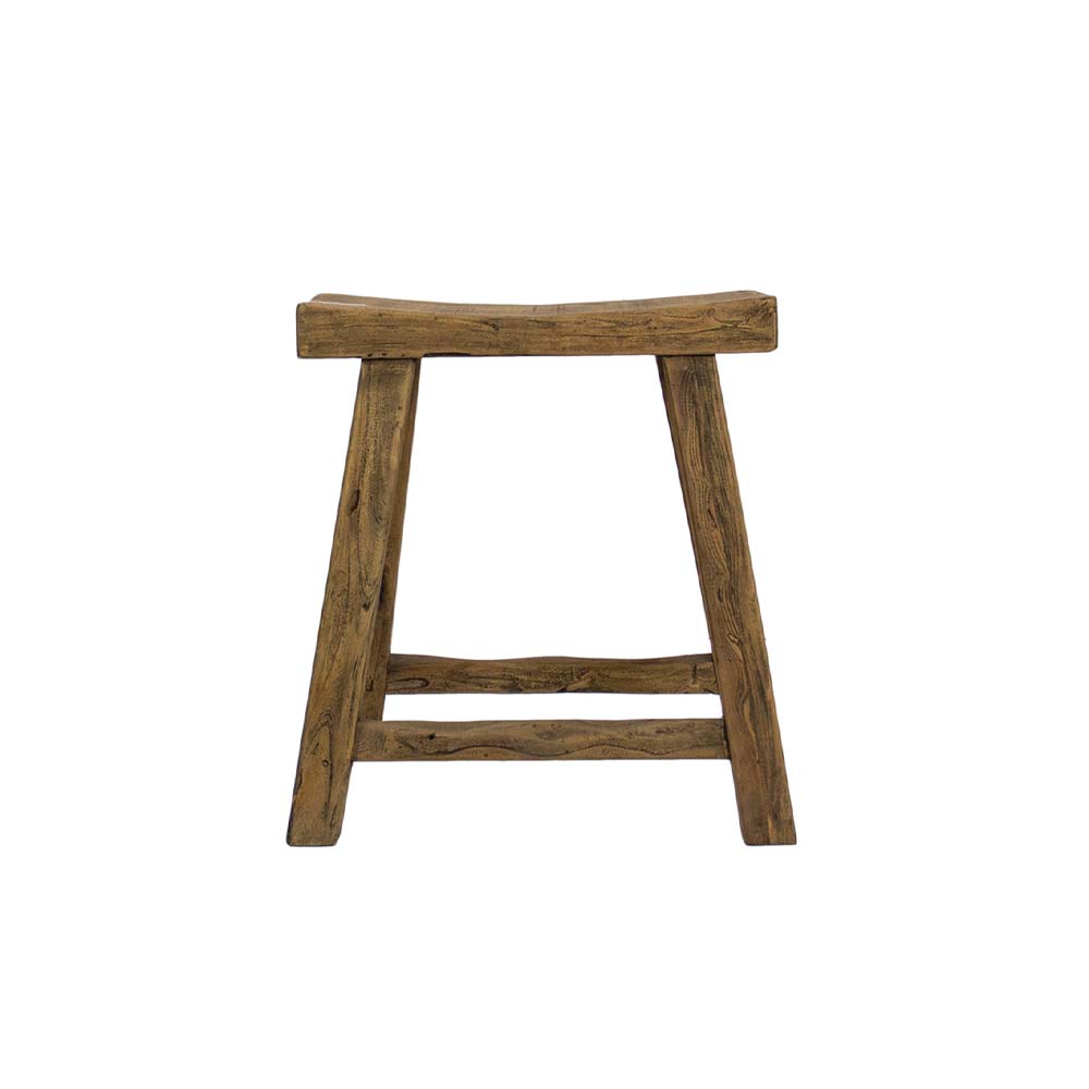 Rustic shaker style stool with saddle seat on a white background