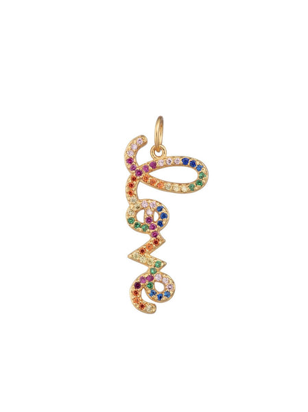 Scream Pretty brand love charm with rainbow colored stones on a white background