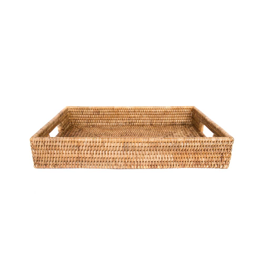 Rattan rectangular tray with two cut out hands on white background