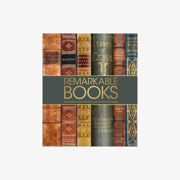 Front cover of book titled 'Remarkable Books' with image of the spines of old leather bound books on a white background