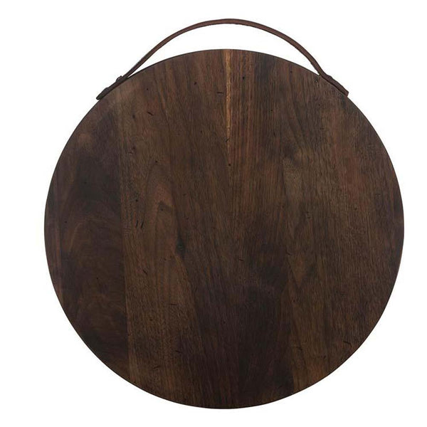 JK Adams Round walnut cutting board with leather handle on a white background