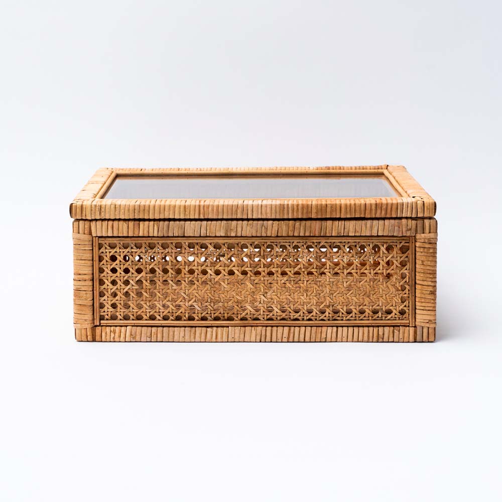 Large cane and rattan box with glass lid by creative coop