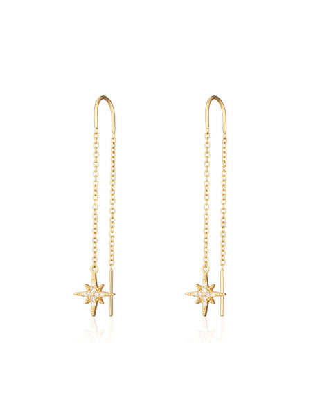 Scream Pretty brand starburst threader earrings in gold on a white background