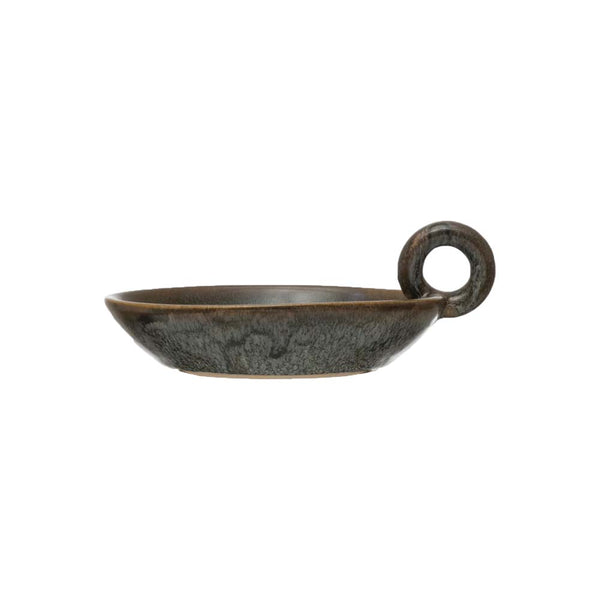 Black stoneware dish with reactive glaze and round finger handle