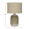Bloomingville stoneware lamp with  linen shade on a white background with dimensions