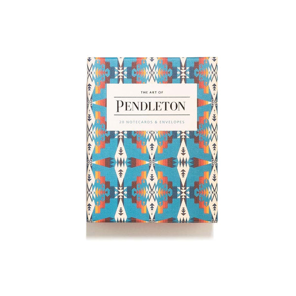 Box set of Pendleton notecards with blue pattern on front on a white background