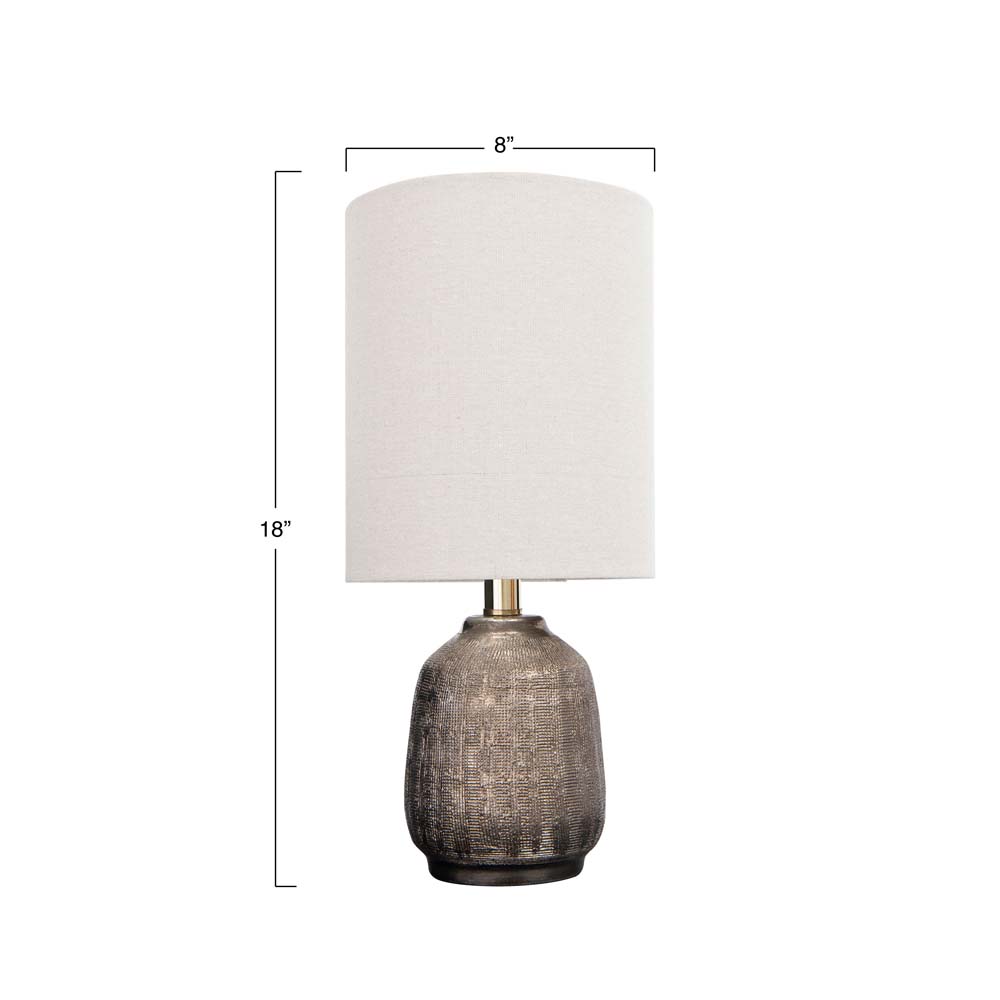 Creative coop Terracotta Table Lamp with Linen Shade and Metallic Glaze on a white background with dimensions