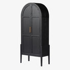 Four hands furniture brand Tolle panel door black cabinet with arched top and wood stained interior on a white background