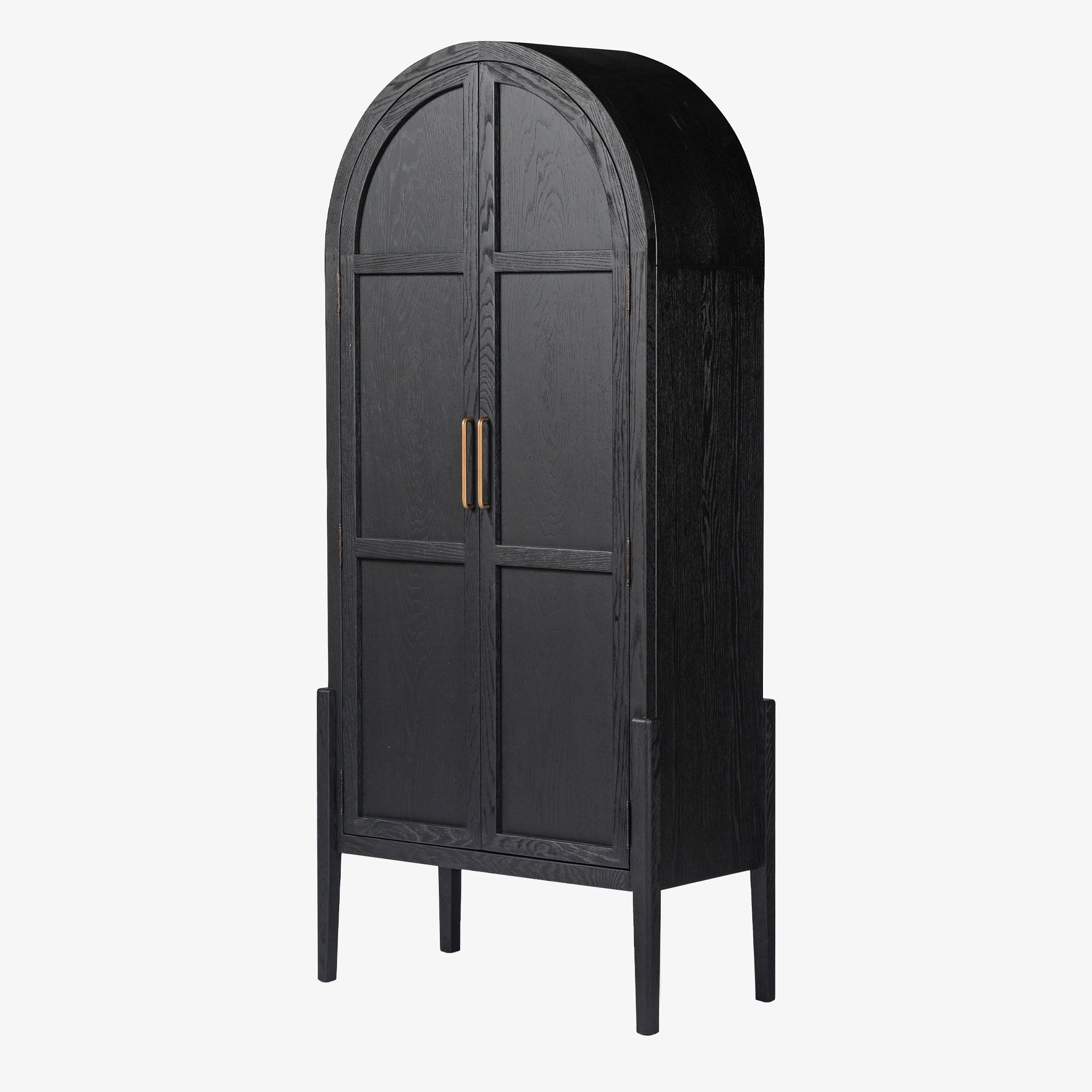 Four hands furniture brand Tolle panel door black cabinet with arched top and wood stained interior on a white background