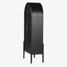 Four hands furniture brand Tolle panel door black cabinet with arched top and wood stained interior on a white background