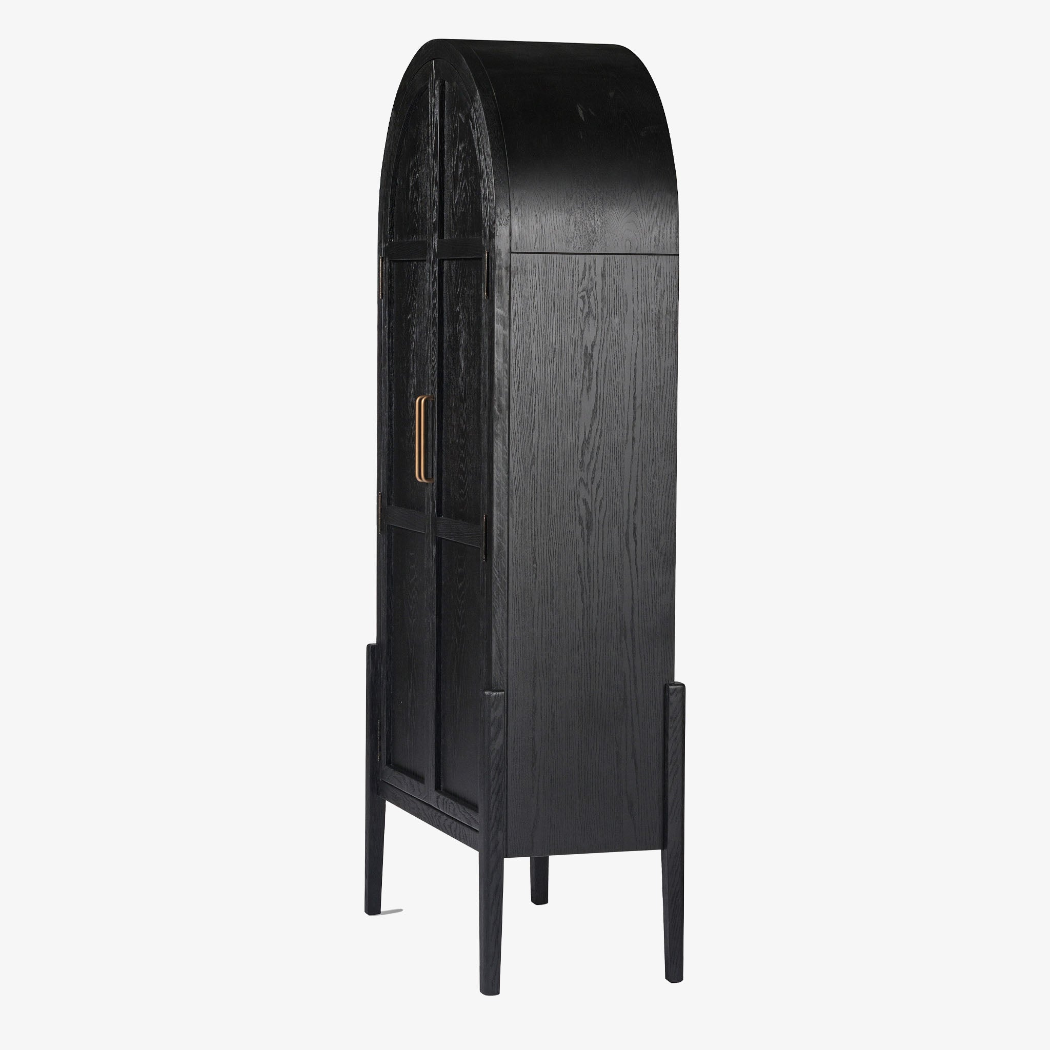 Four hands furniture brand Tolle panel door black cabinet with arched top and wood stained interior on a white background