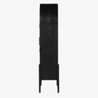 Four hands furniture brand Tolle panel door black cabinet with arched top and wood stained interior on a white background