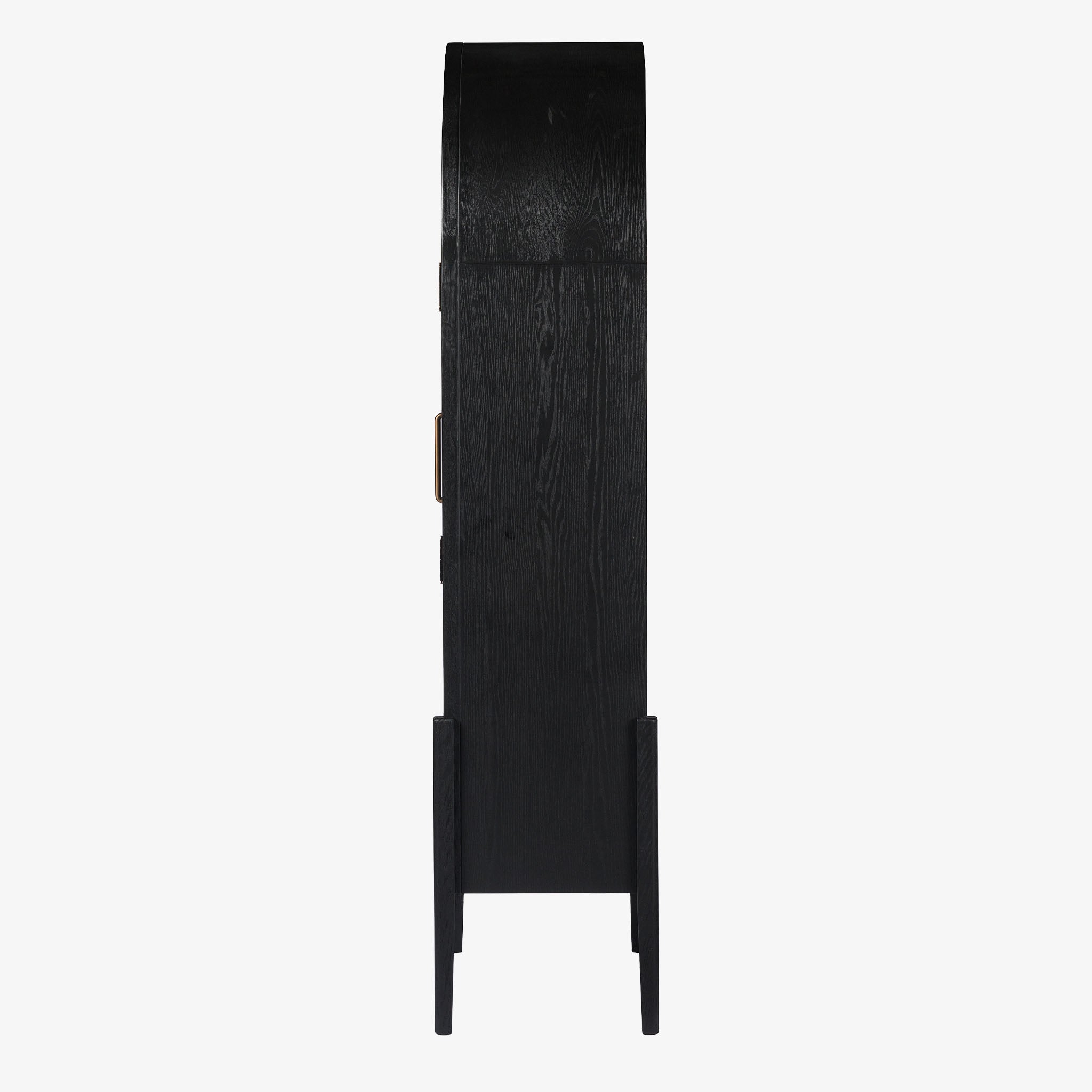 Four hands furniture brand Tolle panel door black cabinet with arched top and wood stained interior on a white background