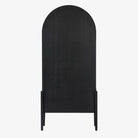 Four hands furniture brand Tolle panel door black cabinet with arched top and wood stained interior on a white background