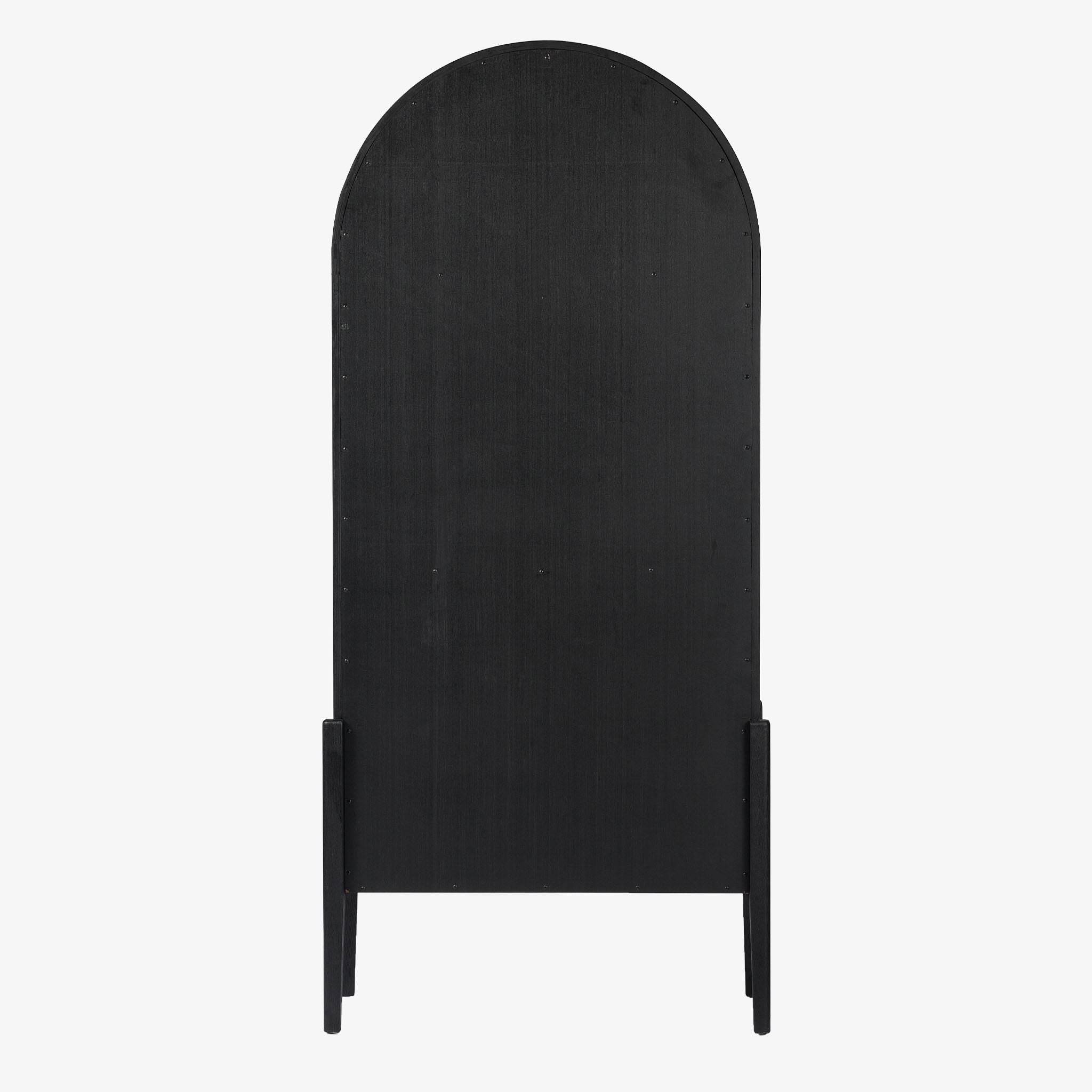 Four hands furniture brand Tolle panel door black cabinet with arched top and wood stained interior on a white background