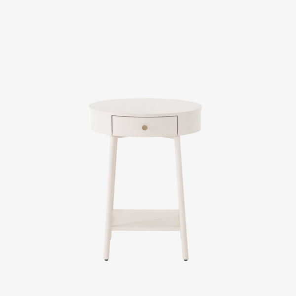 White round 'van' night stand with shelf and drawer by four hands furniture on a white background