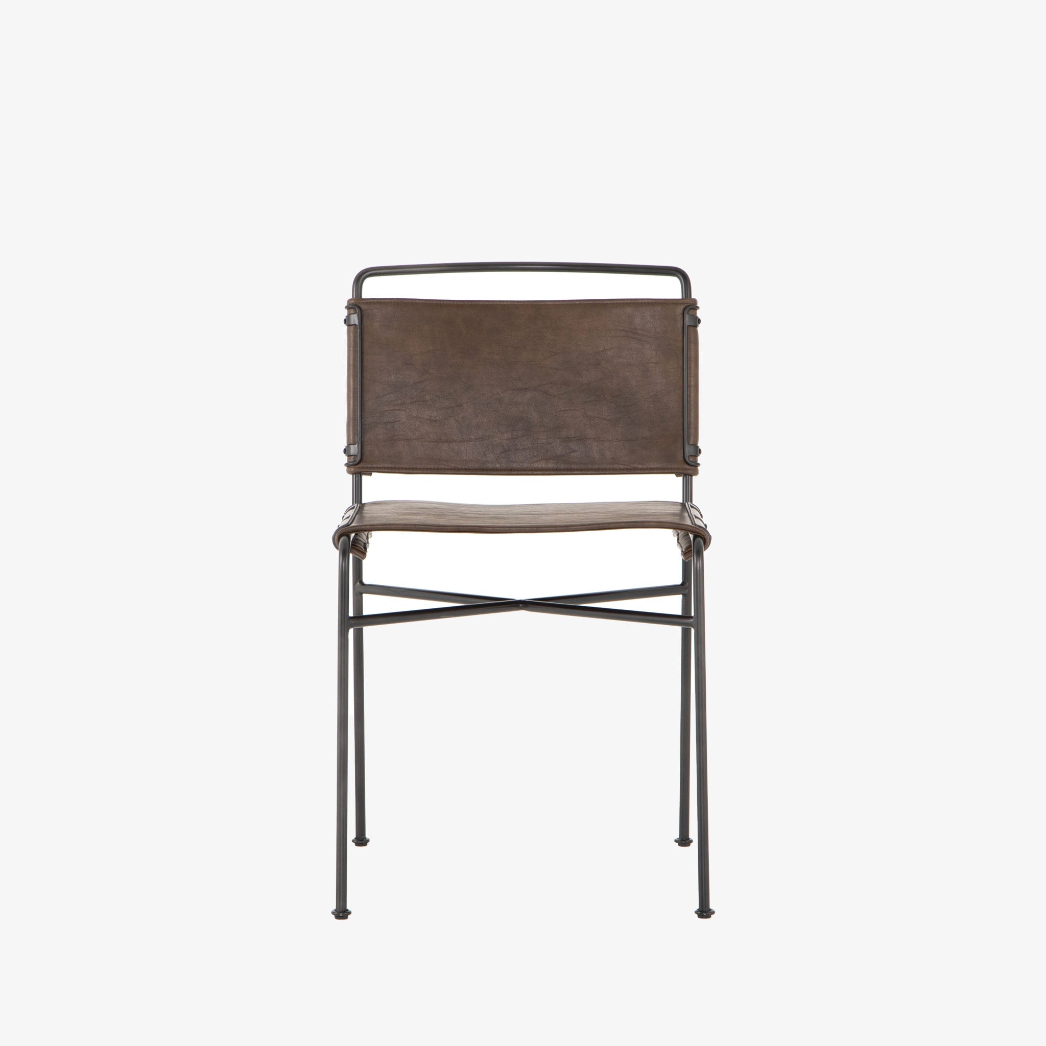 Four hands brand wharton chair with black iron frame and dark brown leather seat on a white background