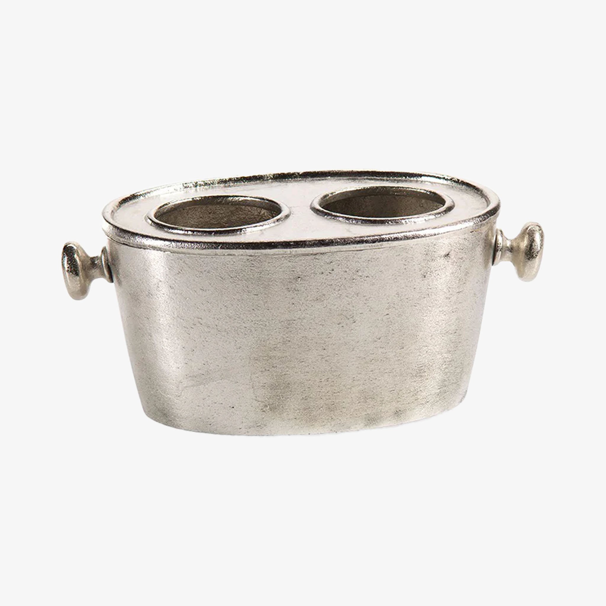 Aluminum wine bottle chiller for two bottles with knob side handles on a white background