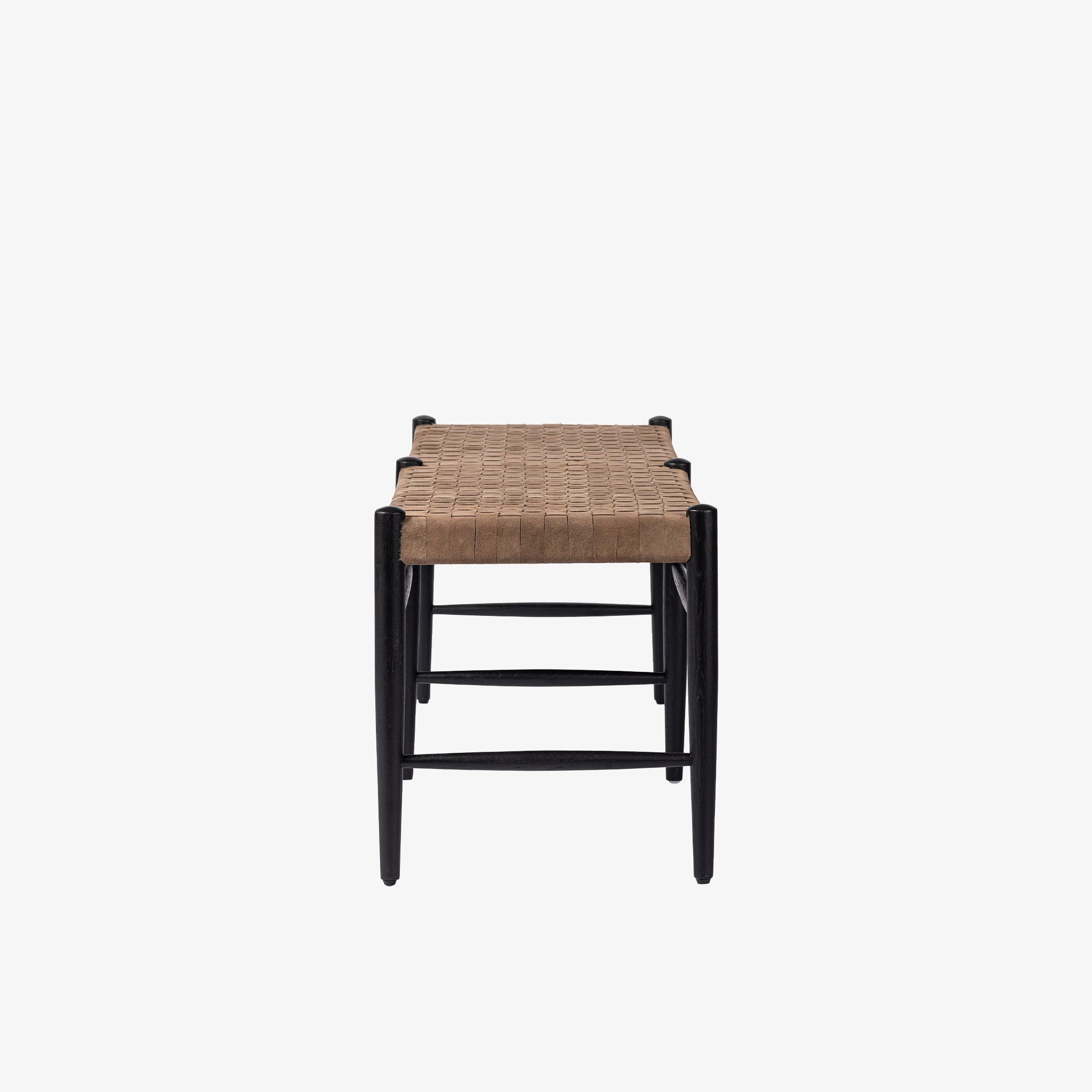 'Wyatt' Bench with leather strapped seat and black legs by four hands furniture on a white background
