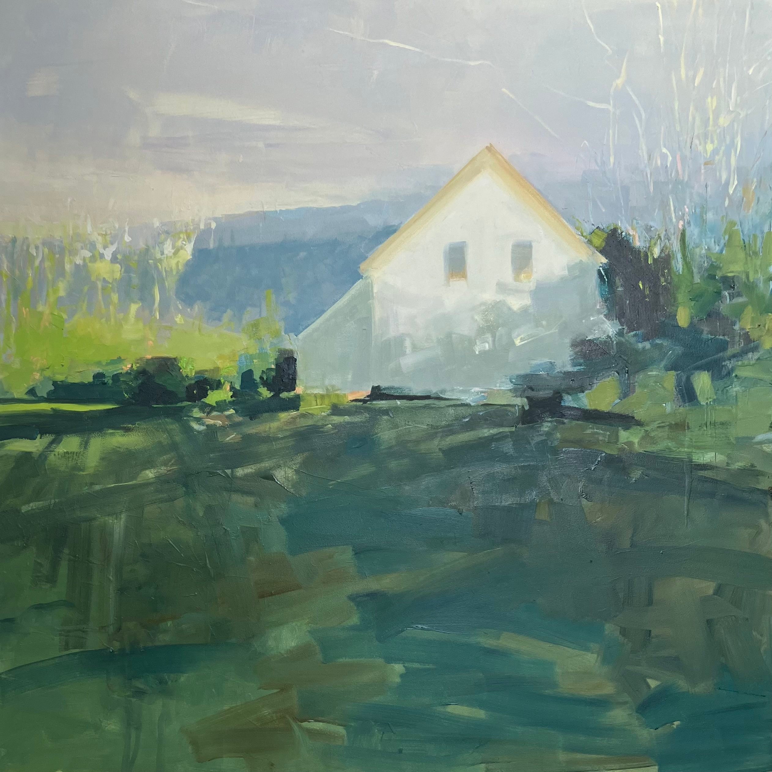 Oil on panel painting of a white house with a green foreground by artist Julia Jensen