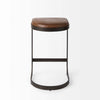 Black bar stool with iron base and U-shaped leather seat on a white background