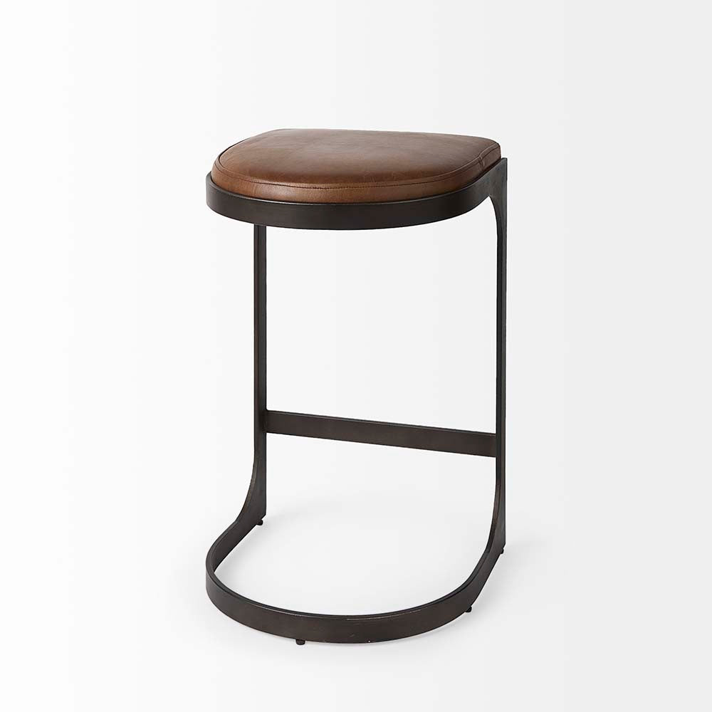 Black bar stool with iron base and U-shaped leather seat on a white background