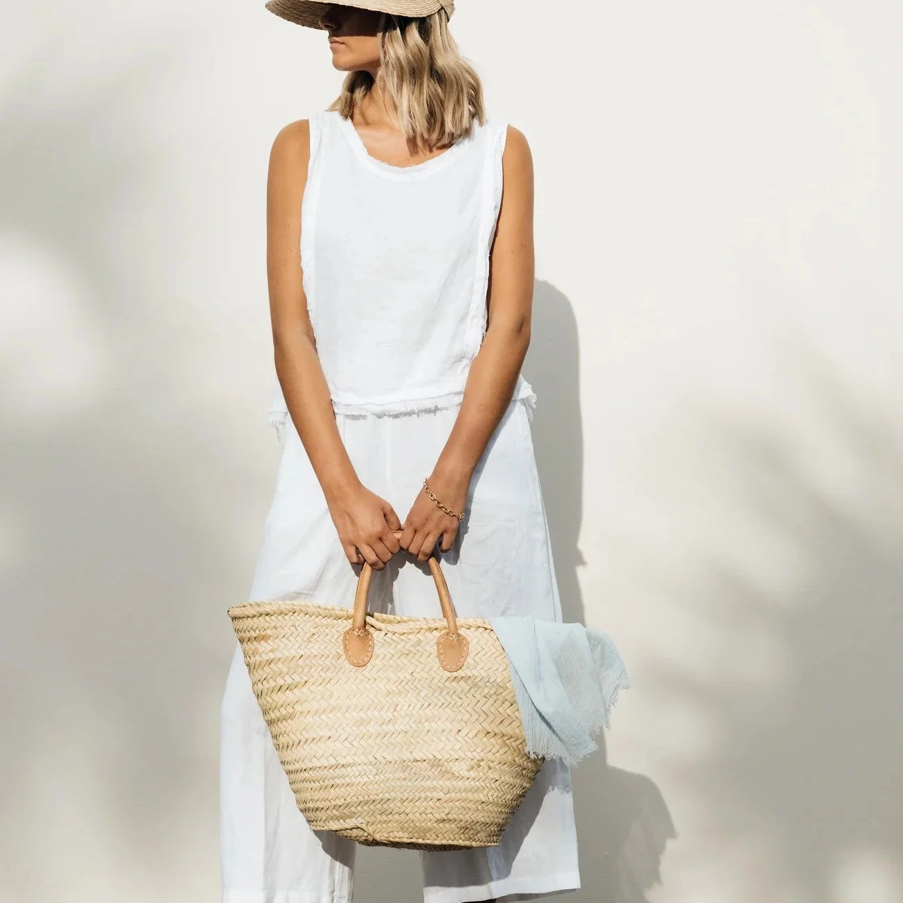 French Market Basket Tote with a model at Addison West