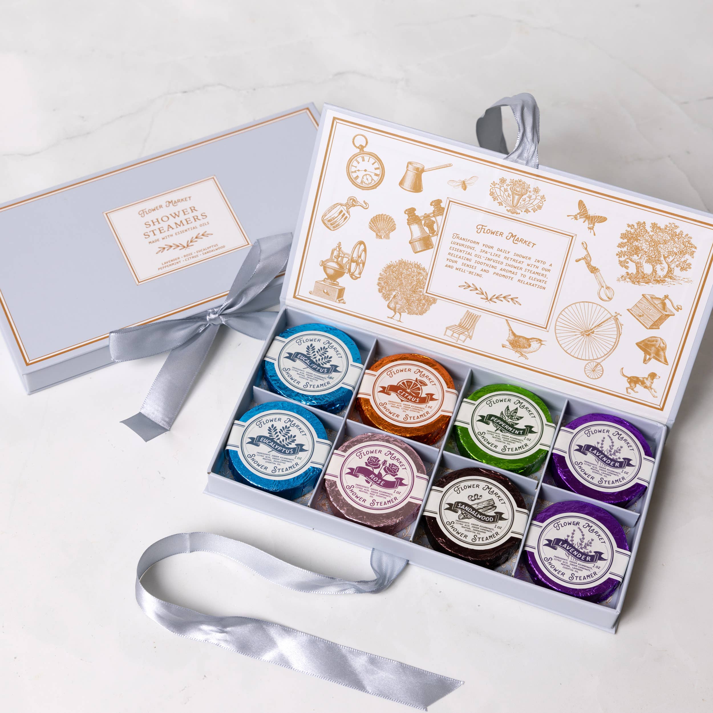 Flower Market Shower Steamers, Boxed Set of 8 on a white background at Addison West