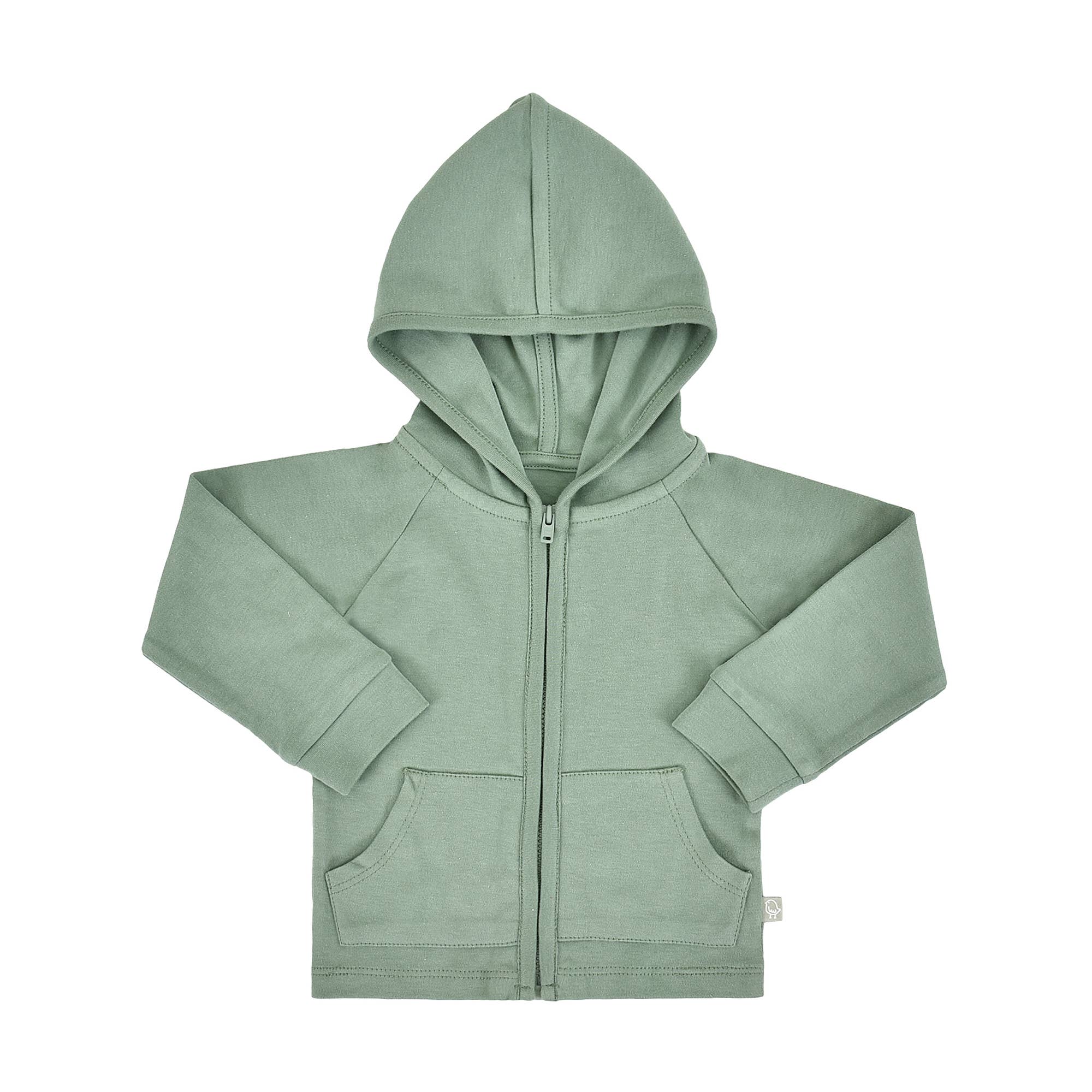 Green zip up hoodie for babies on a white background