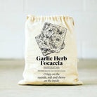Garlic Herb focaccia ingredient mix bag with text on a light background