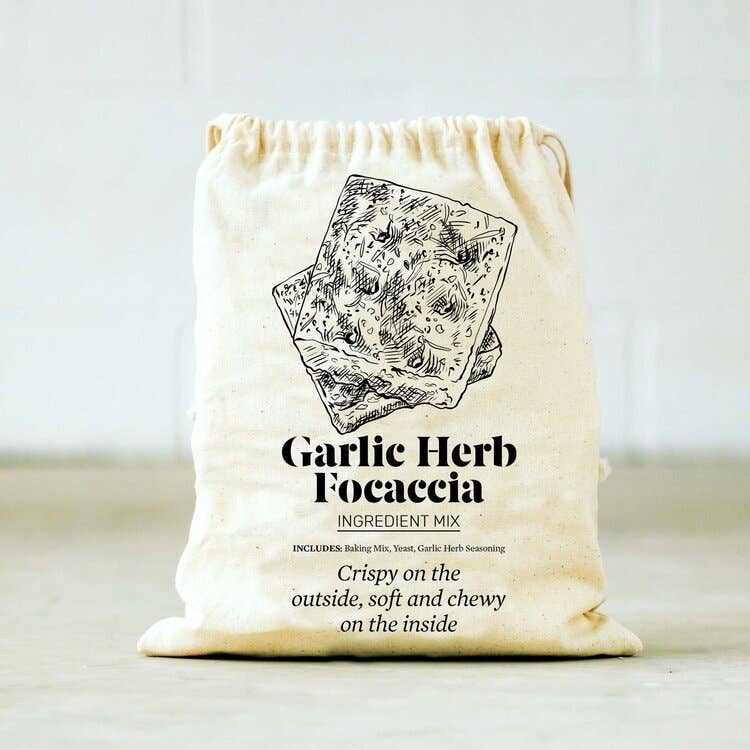Garlic Herb focaccia ingredient mix bag with text on a light background