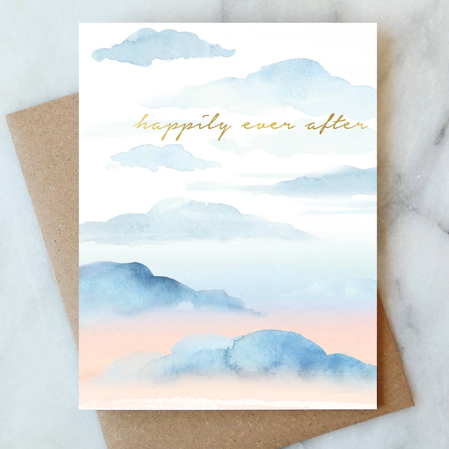 Happily ever after watercolor greeting card with clouds on a marble surface