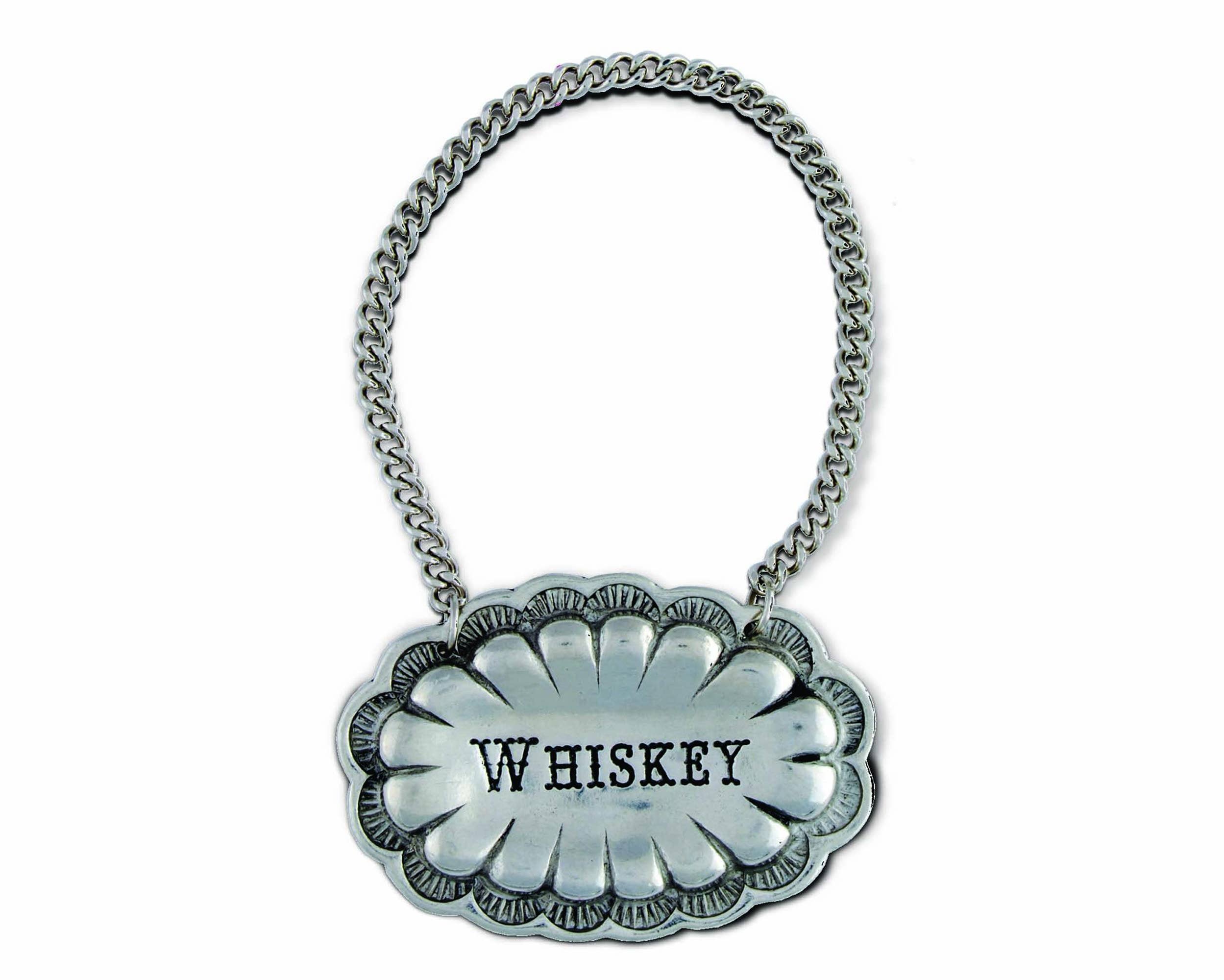 Whiskey Pewter Western Decanter Tag on a white background at Addison West