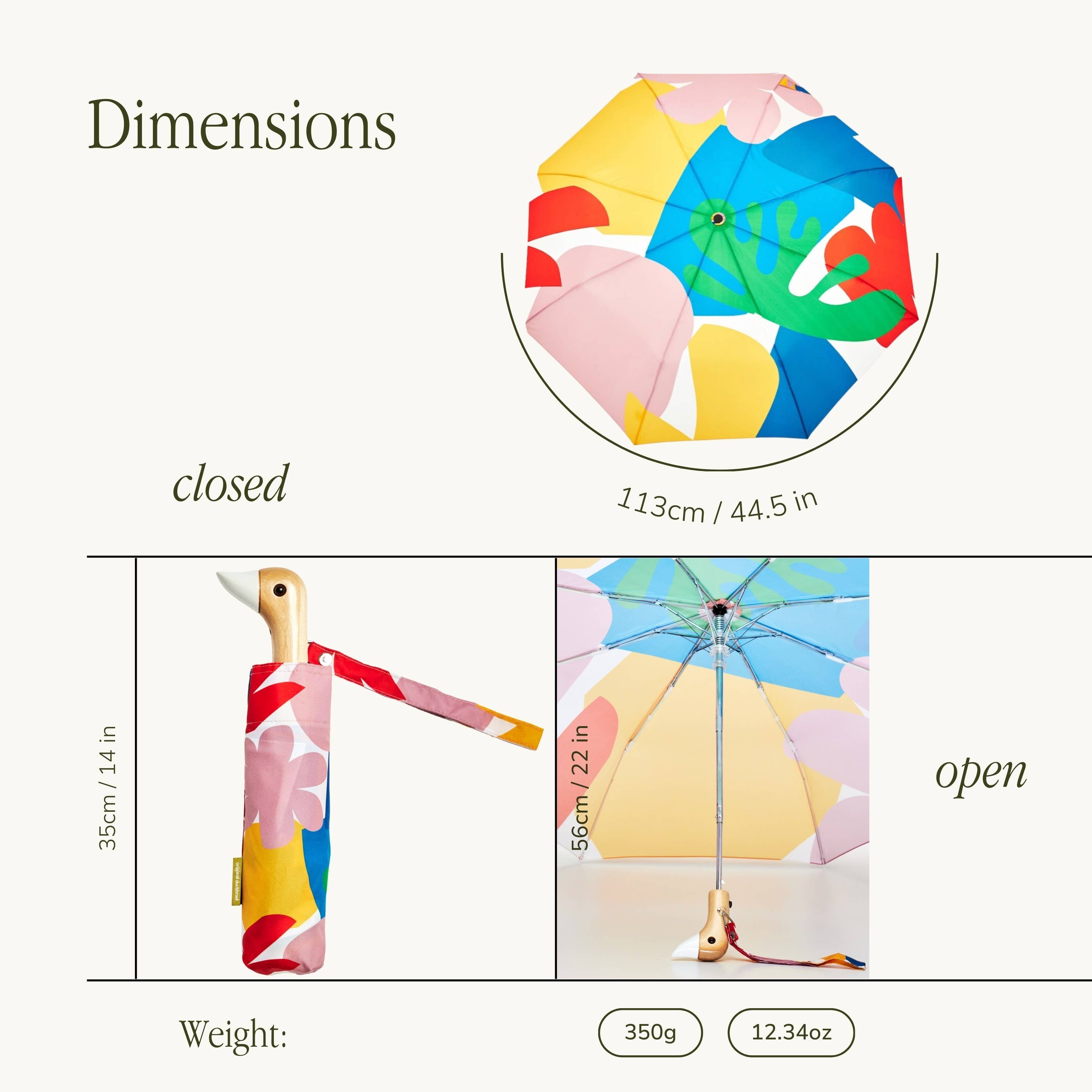 Dimensions for Original Duckhead Matisse Eco-Friendly Umbrella on a white background at Addison West