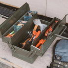 Toyo Steel Cantilever Toolbox ST-350 in Military Green on a work bench at Addison West