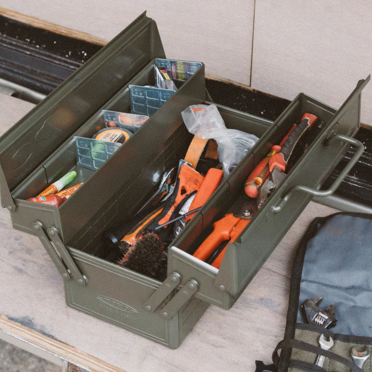 Toyo Steel Cantilever Toolbox ST-350 in Military Green on a work bench at Addison West