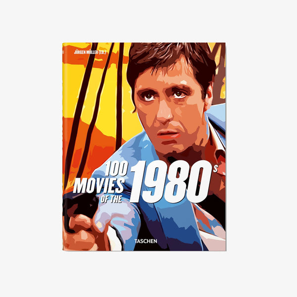 Front cover of 100 Movies of the 1980s by Taschen with illustration of Al Pachino holding a gun
