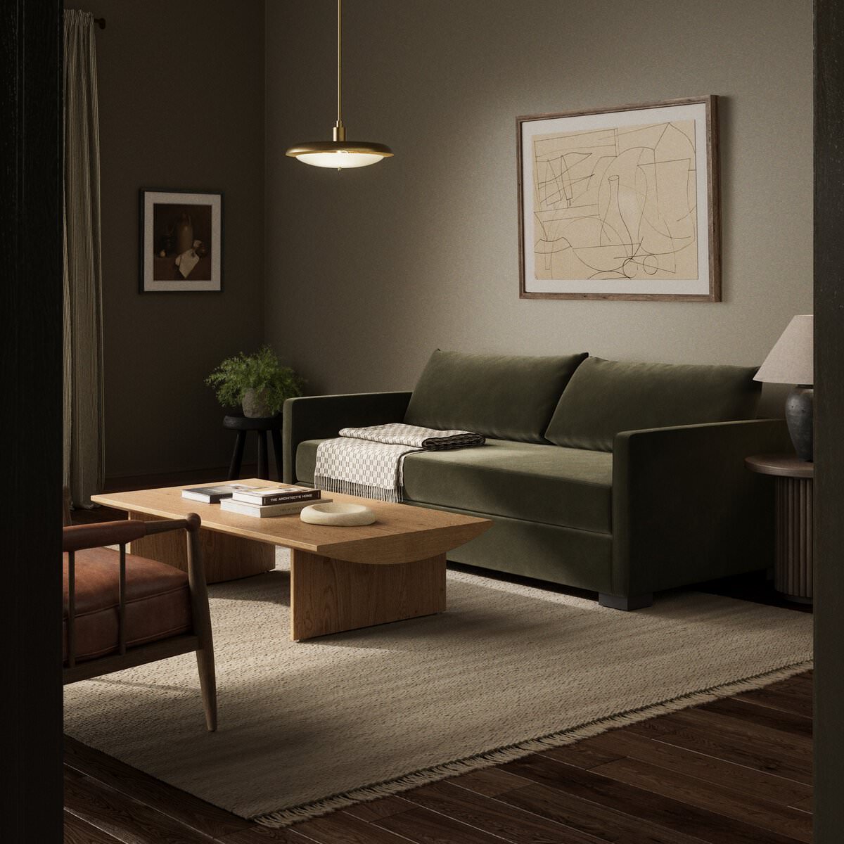 Four Hands Queen Wickham Sleeper Sofa in Surrey Olive in a living room at Addison West