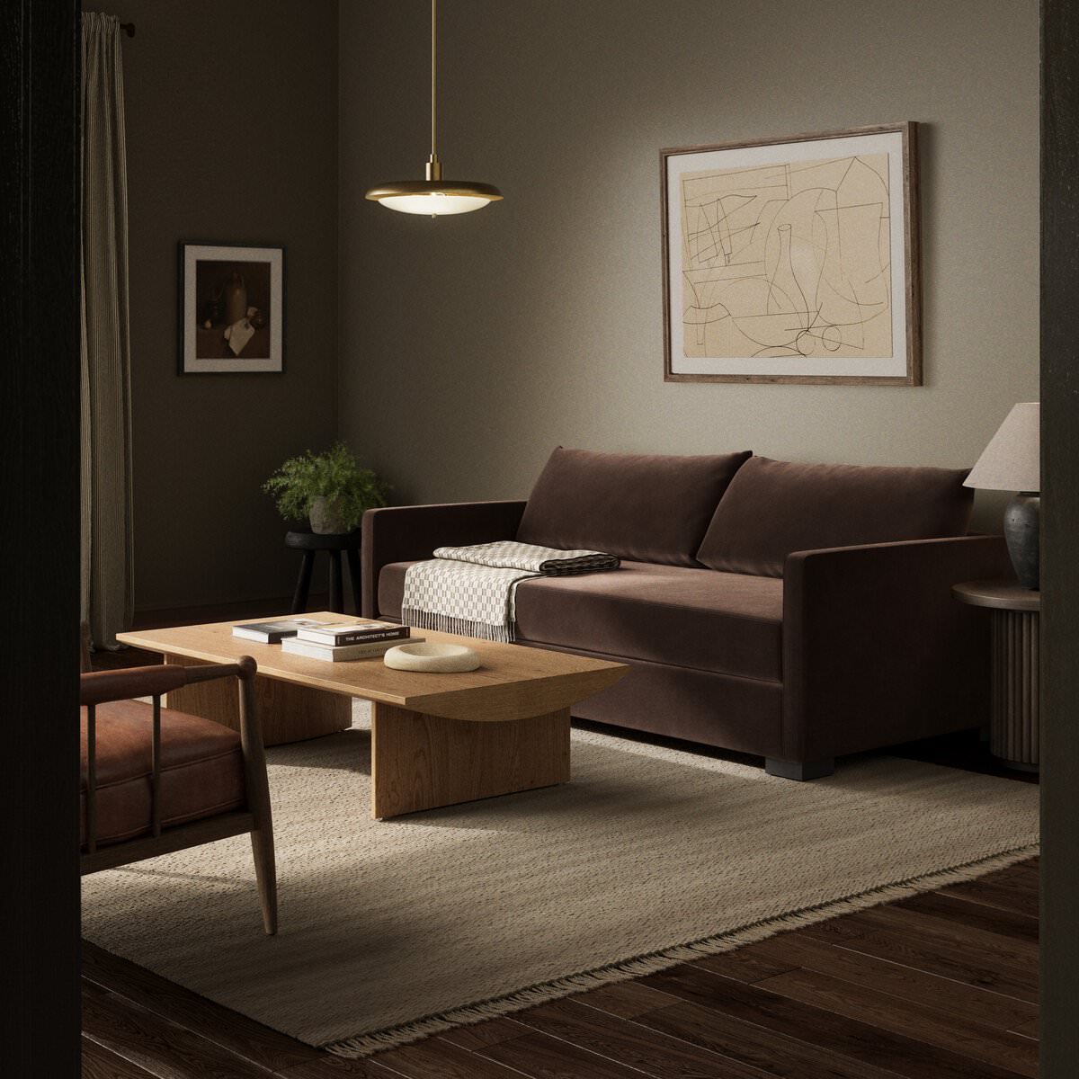 Four Hands Queen Wickham Sleeper Sofa in Surrey Cocoa in a living room at Addison West