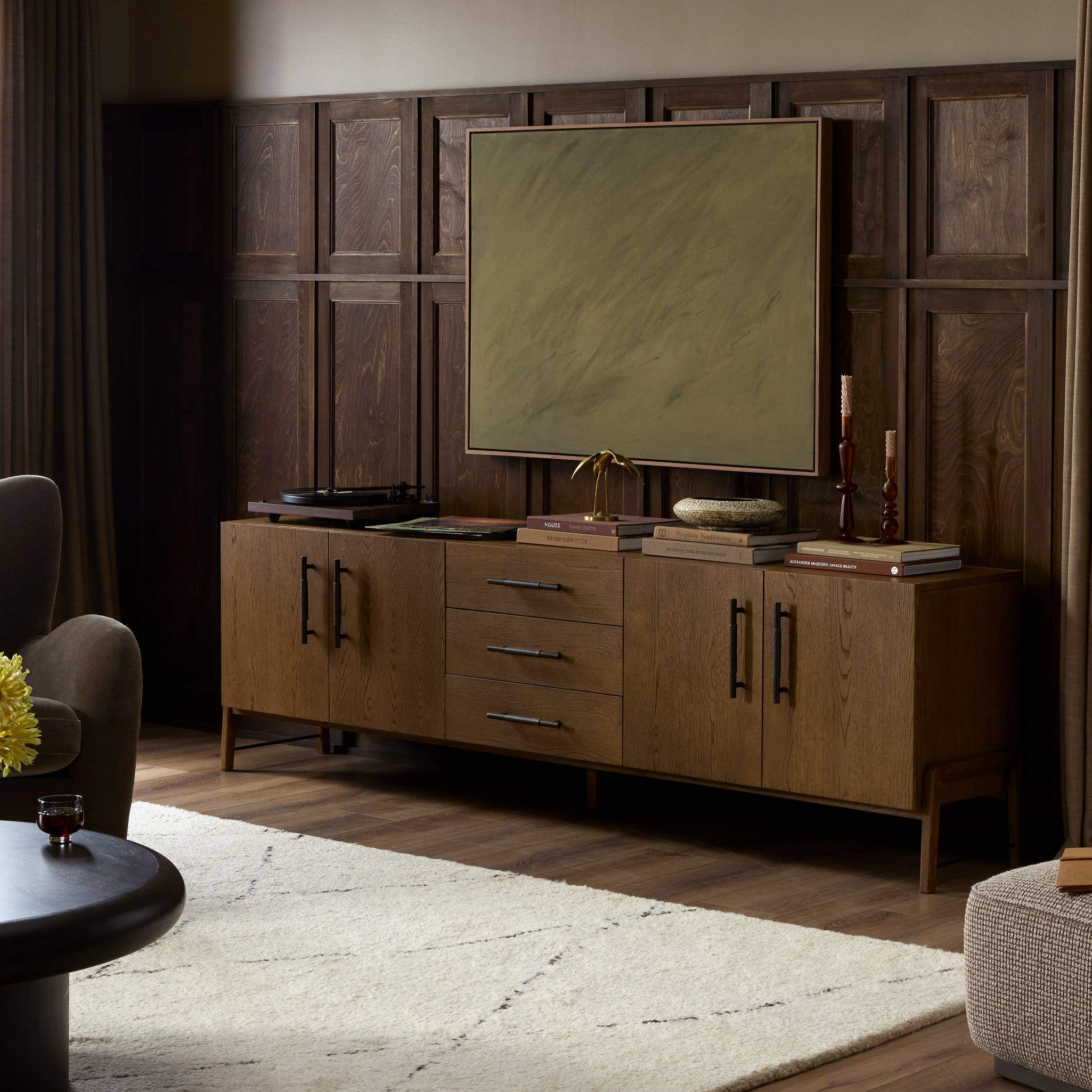 Four Hands Rosedale Media Console in Chaps Ebony in a living room at Addison West
