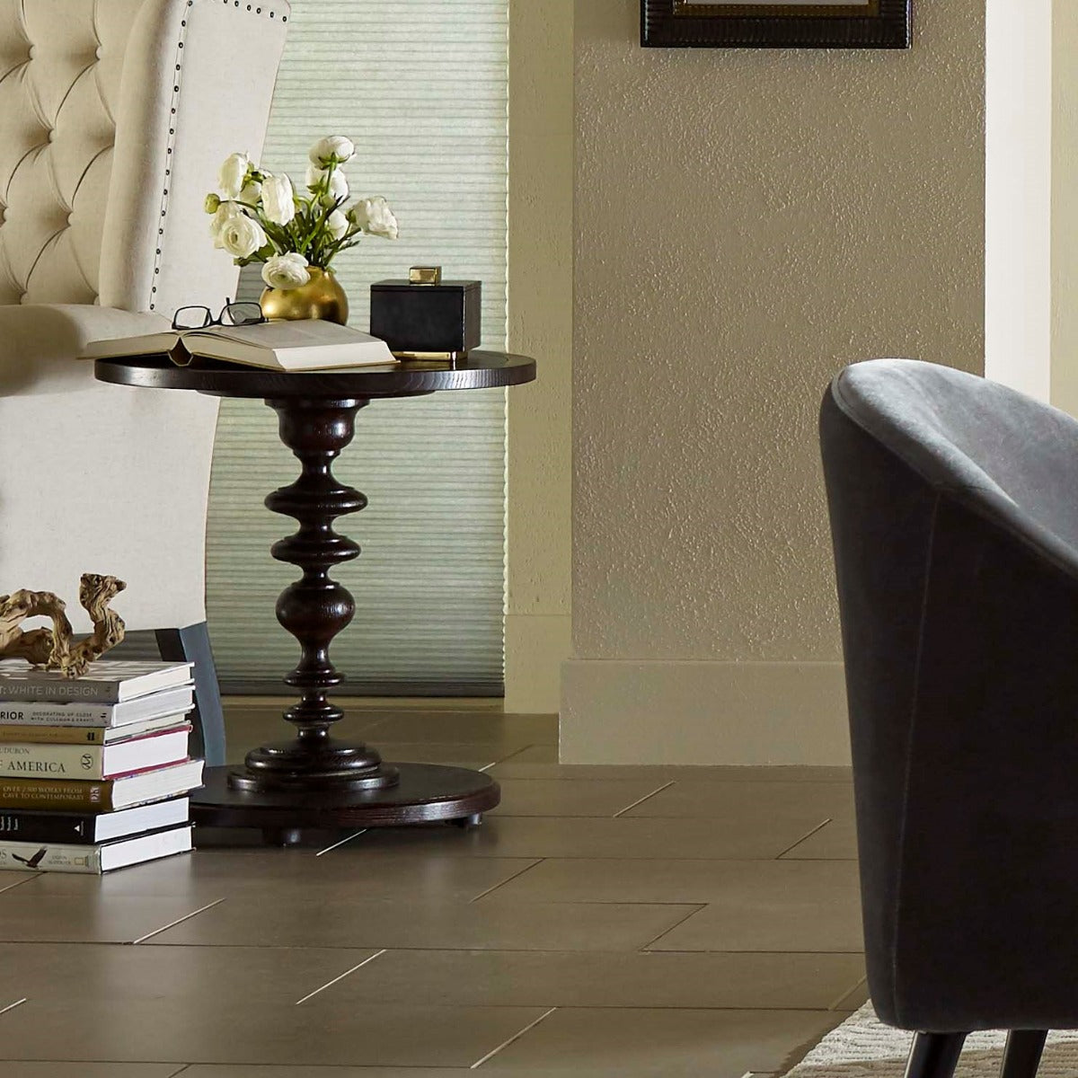 Montecito Side Table in Slate Finish in a living room at Addison West