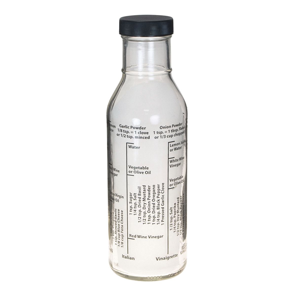 Clear glass bottle with a black cap on a white background