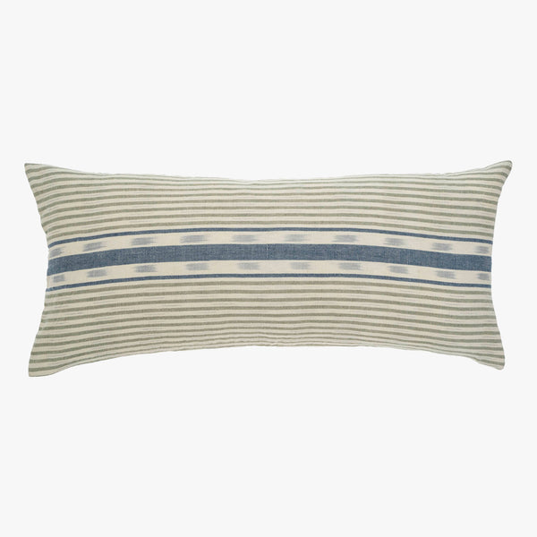 14 x 31 inch lumbar pillow with blue and grey patterns on a white background