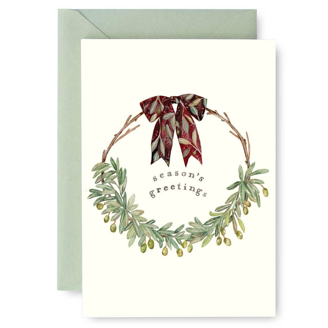 Christmas card with wreath and bow design on a white background